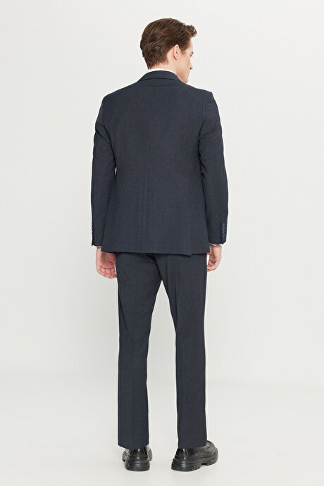 Slim Fit Dar Kesim Mono Yaka Kapak Cepli Desenli Esnek Lacivert Takım Elbise resmi