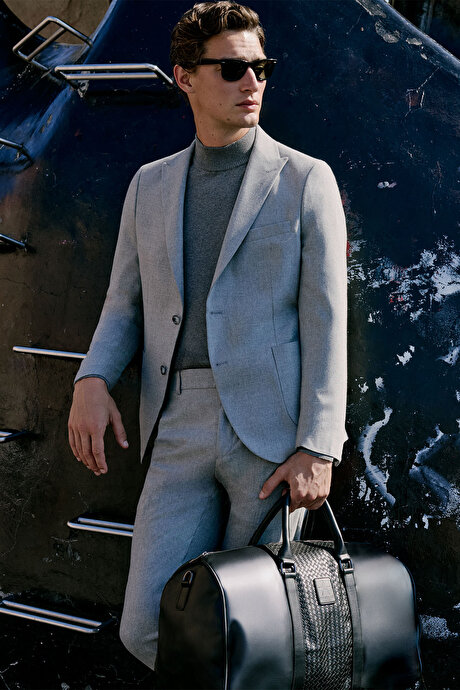 Yünlü Slim Fit Dar Kesim Kırlangıç Yaka Esnek Bel Gri Takım Elbise resmi