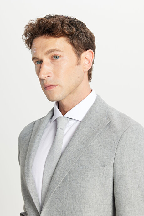 Yünlü Slim Fit Dar Kesim Kırlangıç Yaka Esnek Bel Gri Takım Elbise resmi