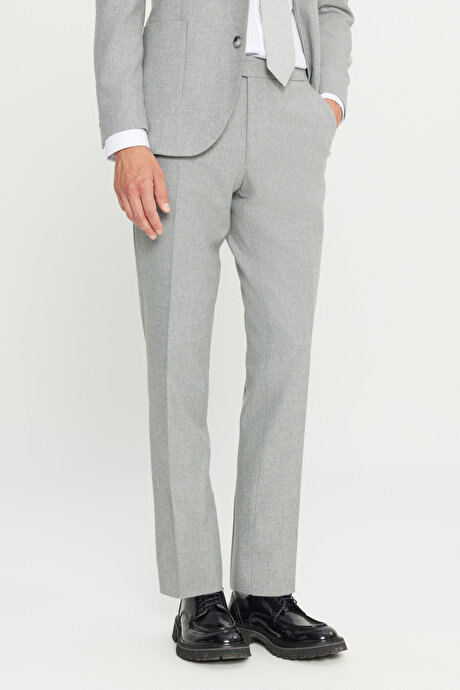 Yünlü Slim Fit Dar Kesim Kırlangıç Yaka Esnek Bel Gri Takım Elbise resmi