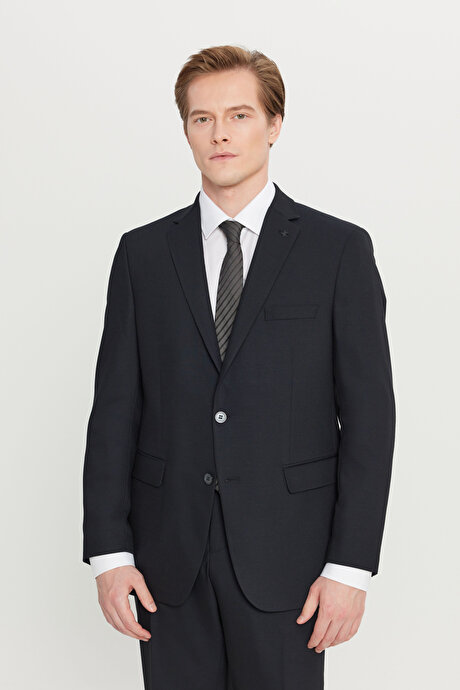 Yünlü Slim Firt Dar Kesim Mono Yaka Desenli Kapak Cepli Esnek Siyah Takım Elbise resmi