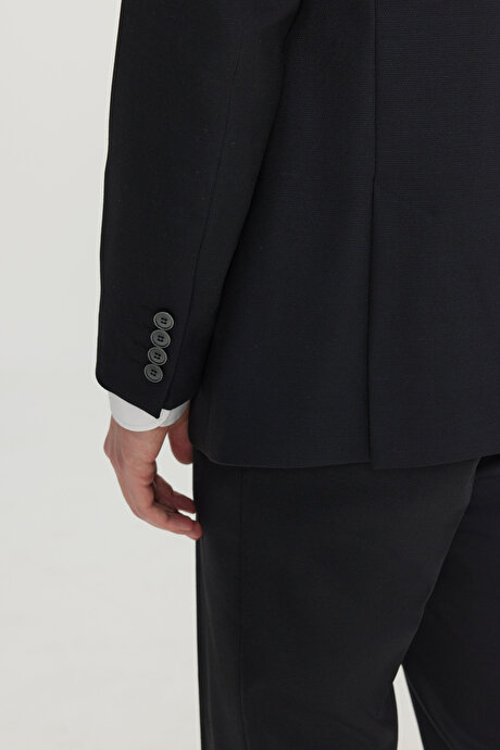 Yünlü Slim Firt Dar Kesim Mono Yaka Desenli Kapak Cepli Esnek Siyah Takım Elbise resmi