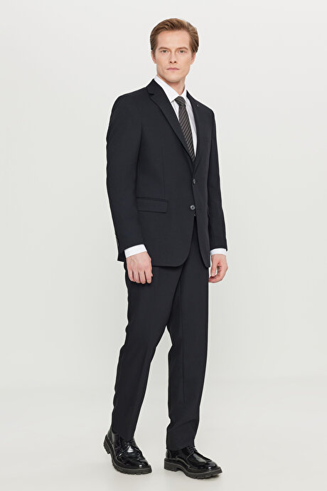 Yünlü Slim Firt Dar Kesim Mono Yaka Desenli Kapak Cepli Esnek Siyah Takım Elbise resmi