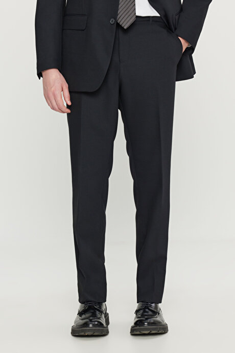 Yünlü Slim Firt Dar Kesim Mono Yaka Desenli Kapak Cepli Esnek Siyah Takım Elbise resmi