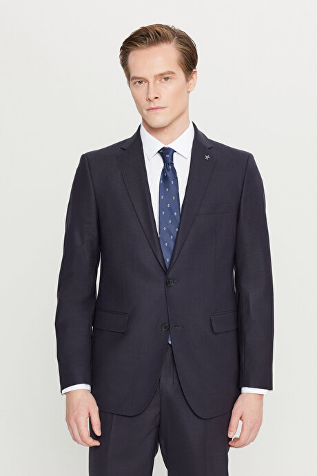 Yünlü Slim Fit Dar Kesim Mono Yaka Kapak Cepli Lacivert Takım Elbise resmi