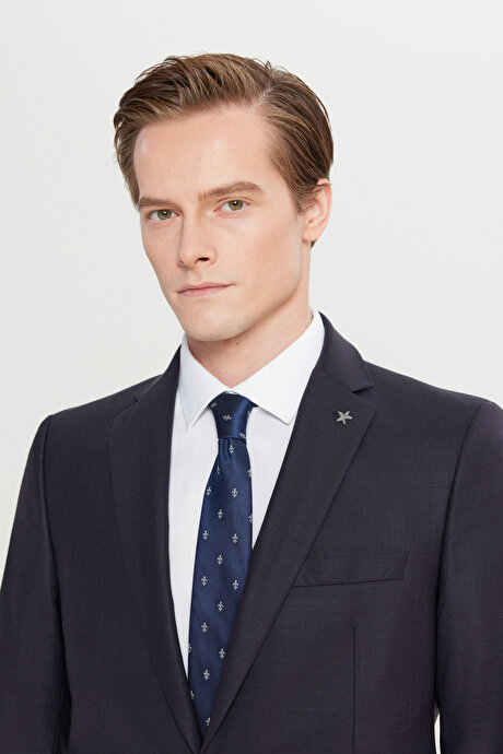 Yünlü Slim Fit Dar Kesim Mono Yaka Kapak Cepli Lacivert Takım Elbise resmi