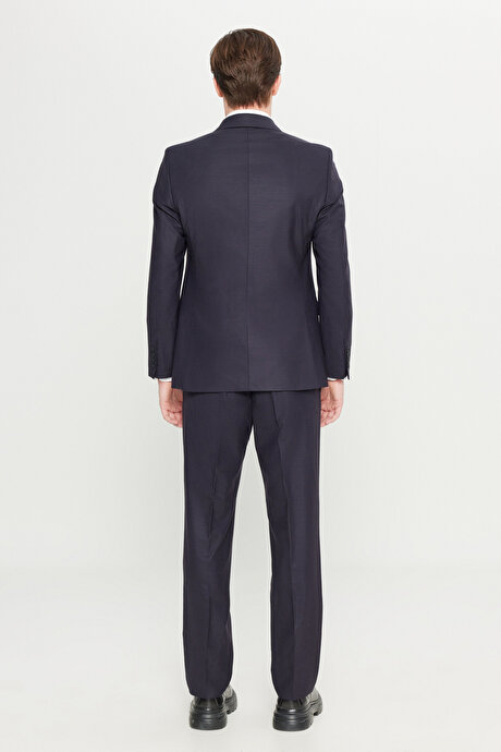 Yünlü Slim Fit Dar Kesim Mono Yaka Kapak Cepli Lacivert Takım Elbise resmi