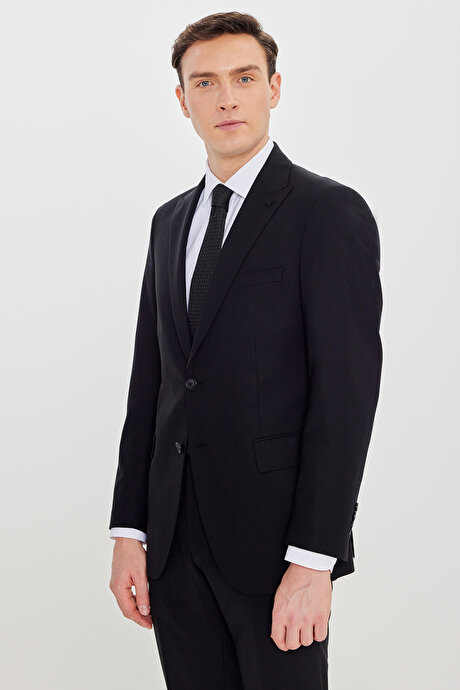 Yünlü Slim Fit Dar Kesim Kırlangıç Yaka Kapak Cepli Esnek Siyah Takım Elbise resmi