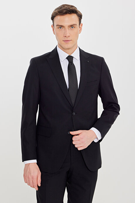 Yünlü Slim Fit Dar Kesim Kırlangıç Yaka Kapak Cepli Esnek Siyah Takım Elbise resmi