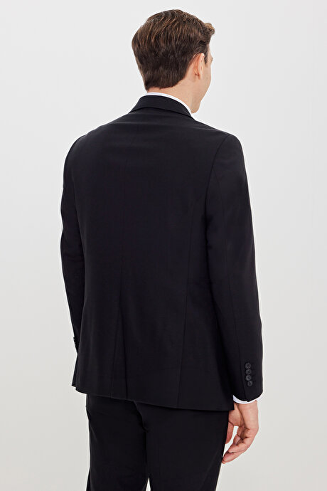 Yünlü Slim Fit Dar Kesim Kırlangıç Yaka Kapak Cepli Esnek Siyah Takım Elbise resmi