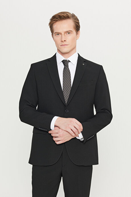 Slim Fit Dar Kesim Mono Yaka Gofre Desenli Esnek Siyah Takım Elbise resmi