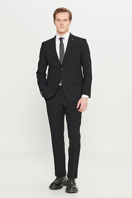 Slim Fit Dar Kesim Mono Yaka Gofre Desenli Esnek Siyah Takım Elbise resmi