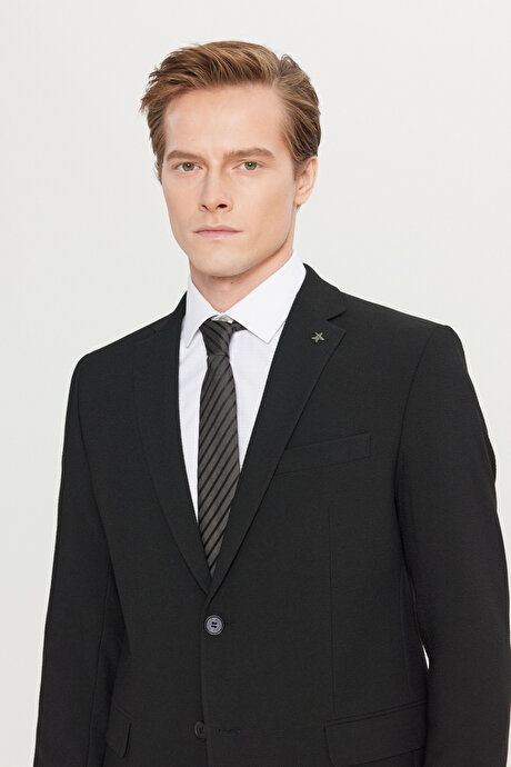 Slim Fit Dar Kesim Mono Yaka Gofre Desenli Esnek Siyah Takım Elbise resmi