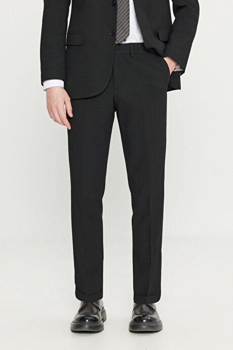 Slim Fit Dar Kesim Mono Yaka Gofre Desenli Esnek Siyah Takım Elbise resmi