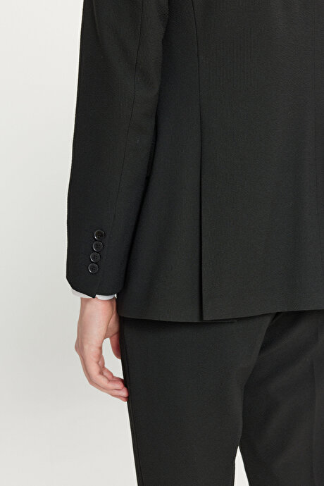 Slim Fit Dar Kesim Mono Yaka Gofre Desenli Esnek Siyah Takım Elbise resmi