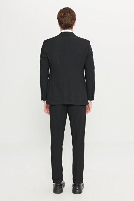 Slim Fit Dar Kesim Mono Yaka Gofre Desenli Esnek Siyah Takım Elbise resmi