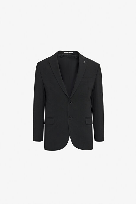 Slim Fit Dar Kesim Mono Yaka Gofre Desenli Esnek Siyah Takım Elbise resmi