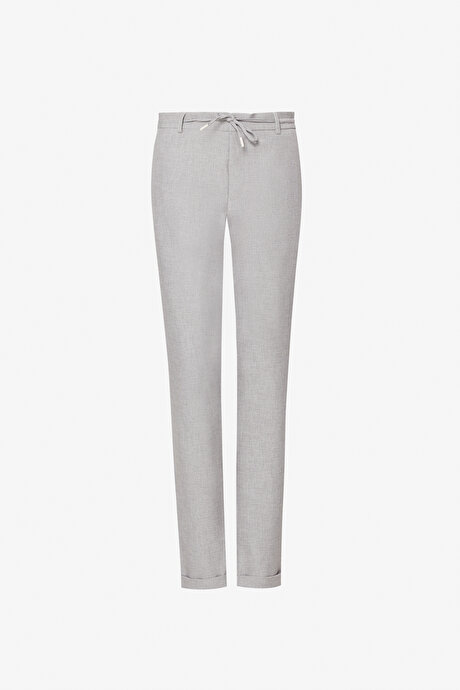 Slim Fit Dar Kesim Kırlangıç Yaka Beli Bağlamalı Desenli Torba Cepli Bej Takım Elbise resmi