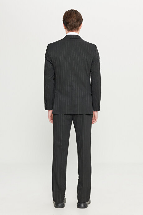 Slim Fit Dar Kesim Kırlangıç Yaka Kapak Cepli Çizgili Esnek Siyah-Gri Takım Elbise resmi