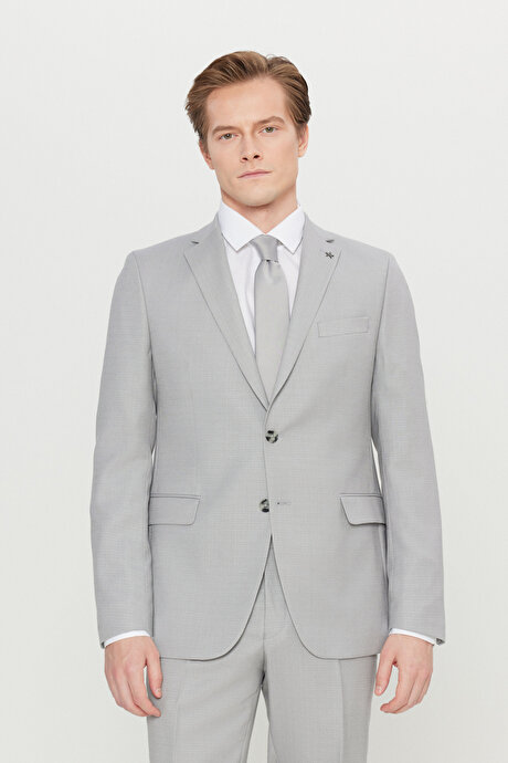 Slim Fit Dar Kesim Mono Yaka Kapak Cepli Armürlü Esnek Açık Gri Takım ElbiseACE030261867AGR