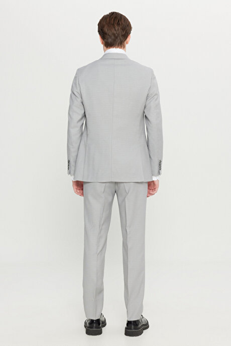 Slim Fit Dar Kesim Mono Yaka Kapak Cepli Armürlü Esnek Açık Gri Takım Elbise resmi