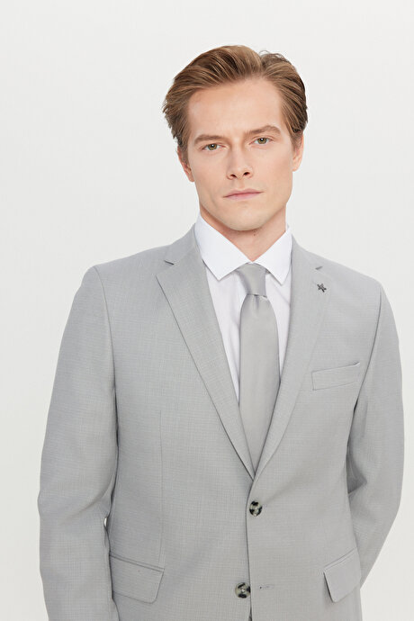 Slim Fit Dar Kesim Mono Yaka Kapak Cepli Armürlü Esnek Açık Gri Takım ElbiseACE030261867AGR