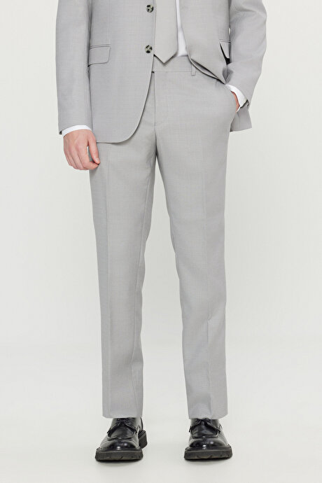 Slim Fit Dar Kesim Mono Yaka Kapak Cepli Armürlü Esnek Açık Gri Takım ElbiseACE030261867AGR