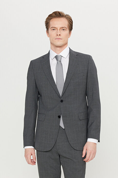 Slim Fit Dar Kesim Mono Yaka Kareli Kapak Cepli Esnek Koyu Gri Takım ElbiseACE030261914KGR