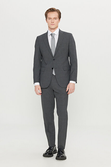 Slim Fit Dar Kesim Mono Yaka Kareli Kapak Cepli Esnek Koyu Gri Takım Elbise resmi