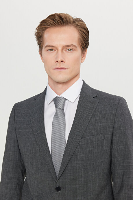 Slim Fit Dar Kesim Mono Yaka Kareli Kapak Cepli Esnek Koyu Gri Takım Elbise resmi