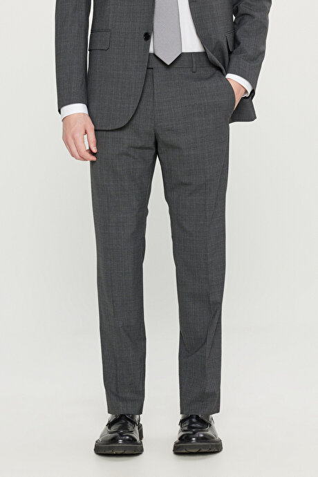 Slim Fit Dar Kesim Mono Yaka Kareli Kapak Cepli Esnek Koyu Gri Takım Elbise resmi