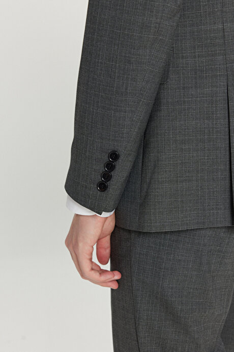 Slim Fit Dar Kesim Mono Yaka Kareli Kapak Cepli Esnek Koyu Gri Takım Elbise resmi