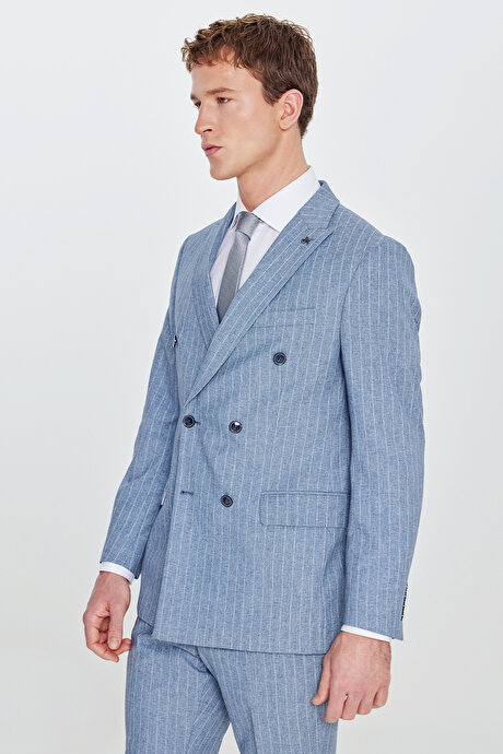 Slim Fit Dar Kesim Kırlangıç Yaka Beli Gizli Lastikli Kapak Cepli Çizgili Kruvaze Mavi Takım Elbise resmi