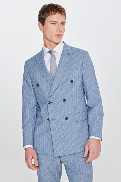 Slim Fit Dar Kesim Kırlangıç Yaka Beli Gizli Lastikli Kapak Cepli Çizgili Kruvaze Mavi Takım Elbise resmi
