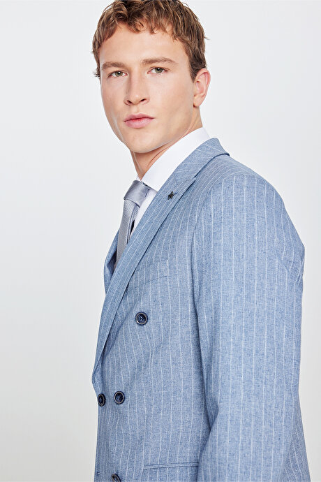 Slim Fit Dar Kesim Kırlangıç Yaka Beli Gizli Lastikli Kapak Cepli Çizgili Kruvaze Mavi Takım Elbise resmi