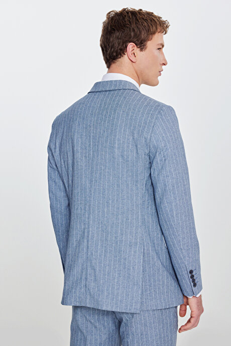 Slim Fit Dar Kesim Kırlangıç Yaka Beli Gizli Lastikli Kapak Cepli Çizgili Kruvaze Mavi Takım Elbise resmi
