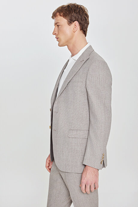 Slim Fit Dar Kesim Kırlangıç Yaka Beli Gizli Lastikli Kapak Cepli Desenli Açık Kahve Takım Elbise resmi