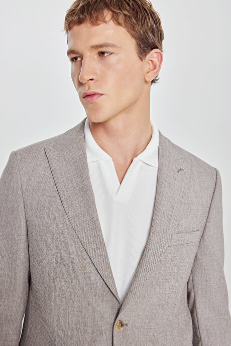 Slim Fit Dar Kesim Kırlangıç Yaka Beli Gizli Lastikli Kapak Cepli Desenli Açık Kahve Takım Elbise resmi