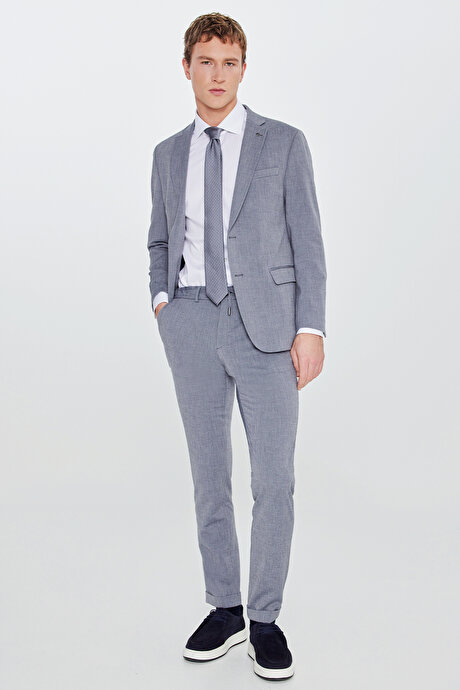 Slim Fit Dar Kesim Mono Yaka Kapak Cepli Gofre Desenli Gri Takım Elbise resmi