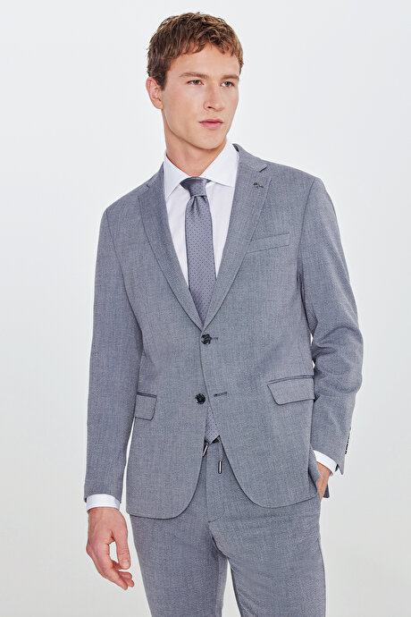 Slim Fit Dar Kesim Mono Yaka Kapak Cepli Gofre Desenli Gri Takım Elbise resmi