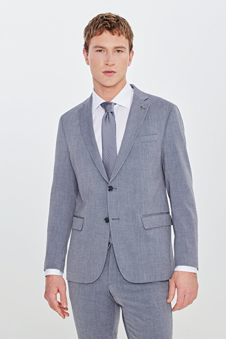 Slim Fit Dar Kesim Mono Yaka Kapak Cepli Gofre Desenli Gri Takım Elbise resmi