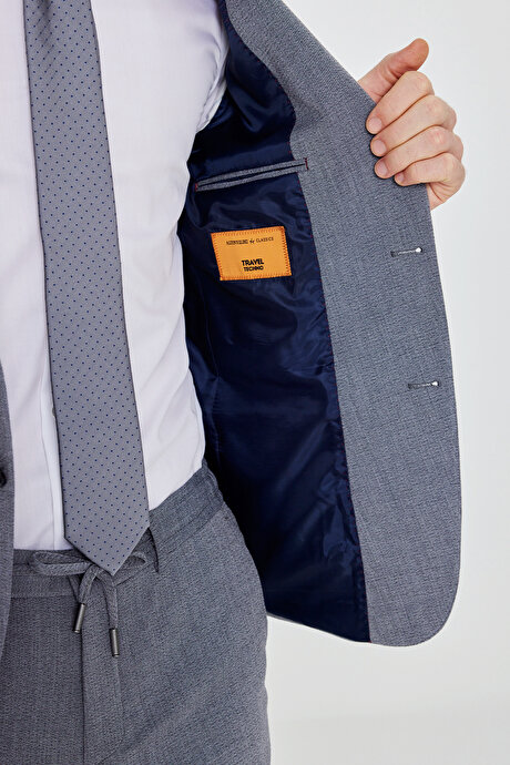 Slim Fit Dar Kesim Mono Yaka Kapak Cepli Gofre Desenli Gri Takım Elbise resmi