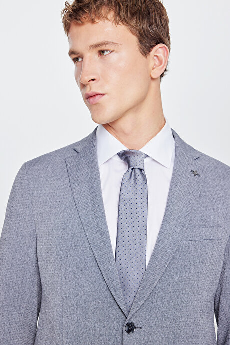 Slim Fit Dar Kesim Mono Yaka Kapak Cepli Gofre Desenli Gri Takım Elbise resmi