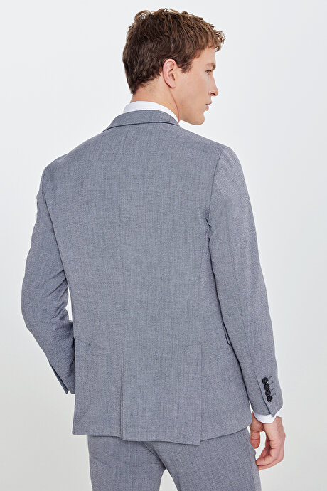 Slim Fit Dar Kesim Mono Yaka Kapak Cepli Gofre Desenli Gri Takım Elbise resmi