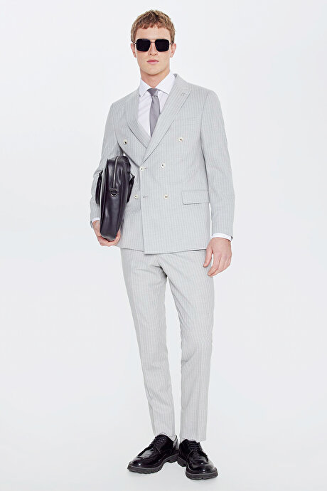 Slim Fit Dar Kesim Mono Yaka Kapak Cepli Esnek Gri Takım Elbise resmi