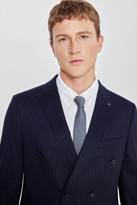 360 Her Yöne Esneyen Slim Fit Dar Kesim Kırlangıç Yaka Kapak Cepli Kruvaze Lacivert-Beyaz Takım Elbise resmi