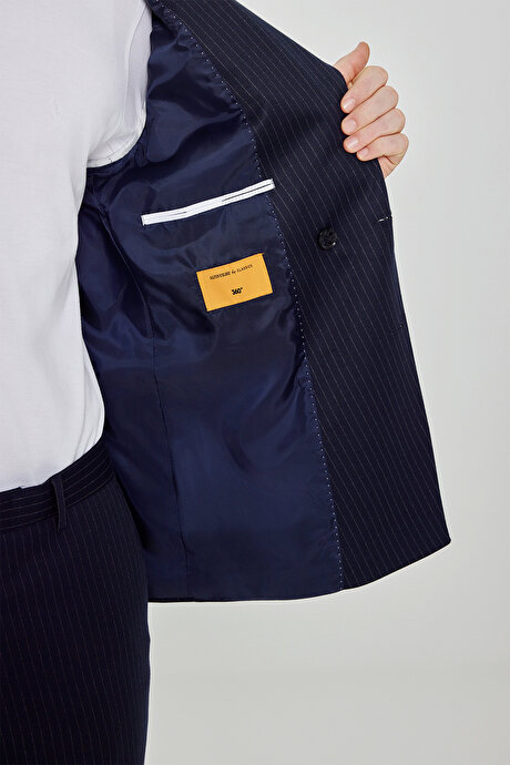 360 Her Yöne Esneyen Slim Fit Dar Kesim Kırlangıç Yaka Kapak Cepli Kruvaze Lacivert-Beyaz Takım Elbise resmi