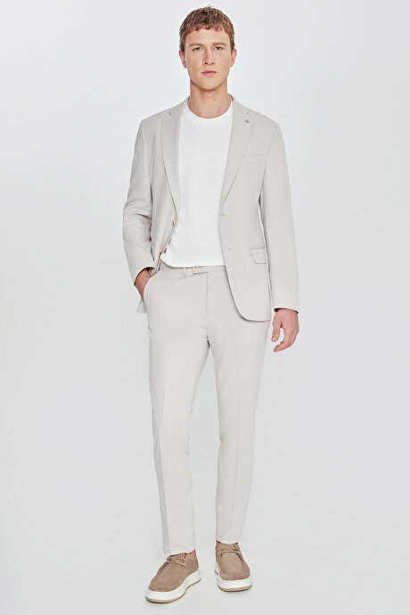 Pamuklu Slim Fit Dar Kesim Mono Yaka Diagonal Desenli Kapak Cepli Bej Takım Elbise resmi