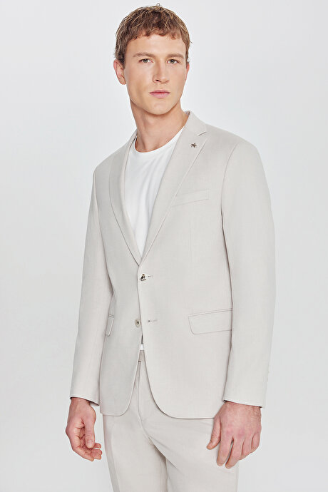 Pamuklu Slim Fit Dar Kesim Mono Yaka Diagonal Desenli Kapak Cepli Bej Takım Elbise resmi