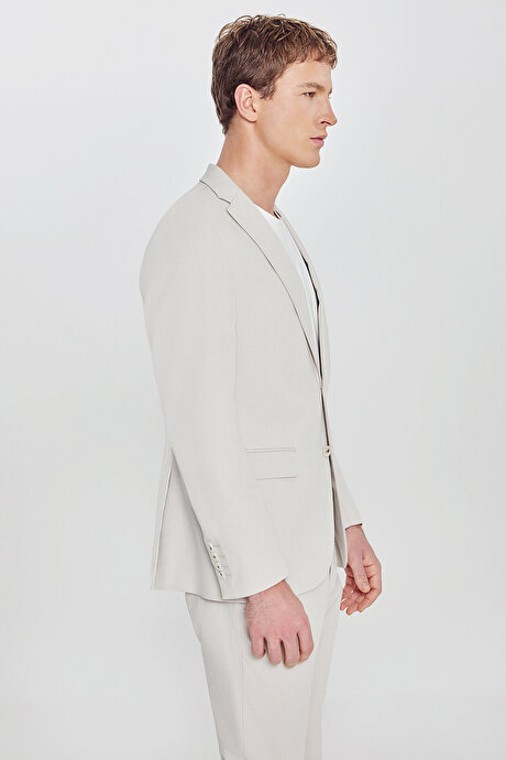 Pamuklu Slim Fit Dar Kesim Mono Yaka Diagonal Desenli Kapak Cepli Bej Takım Elbise resmi